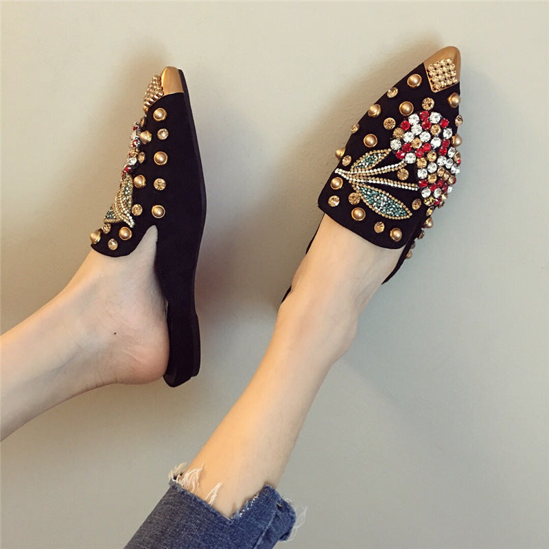 Women's rhinestone spikes pointed closed toe flat mules