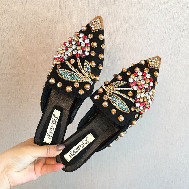 Women's rhinestone spikes pointed closed toe flat mules