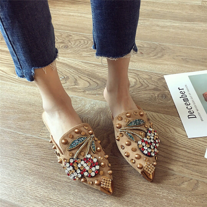 Women's rhinestone spikes pointed closed toe flat mules