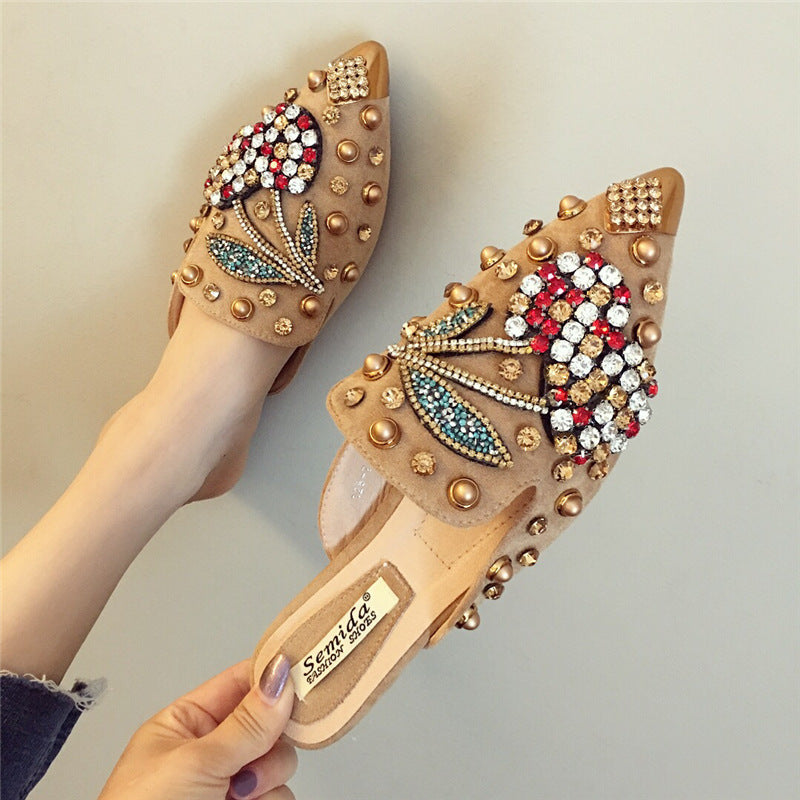 Women's rhinestone spikes pointed closed toe flat mules