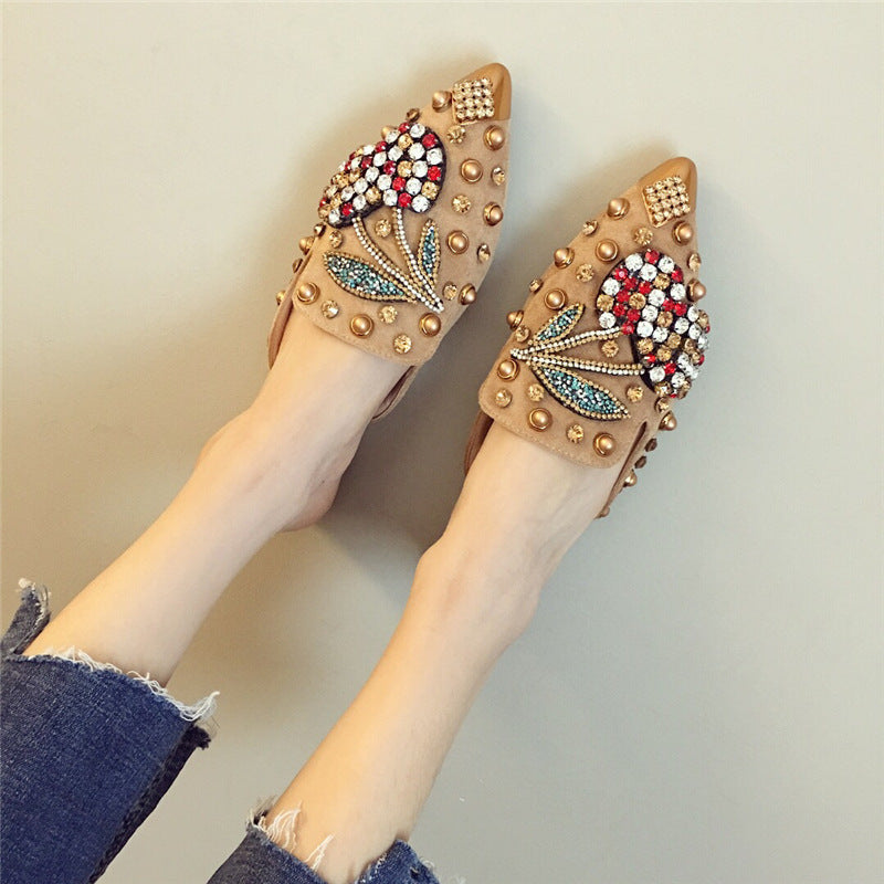 Women's rhinestone spikes pointed closed toe flat mules