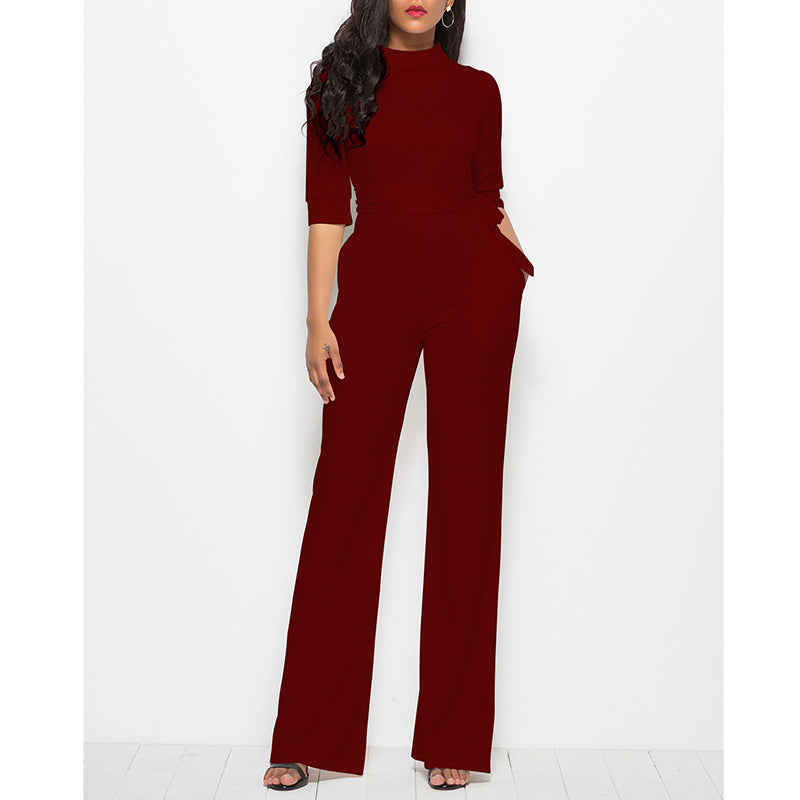 Women's solid color stand collar long wide leg trousers jumpsuits half sleeves top jumpsuits