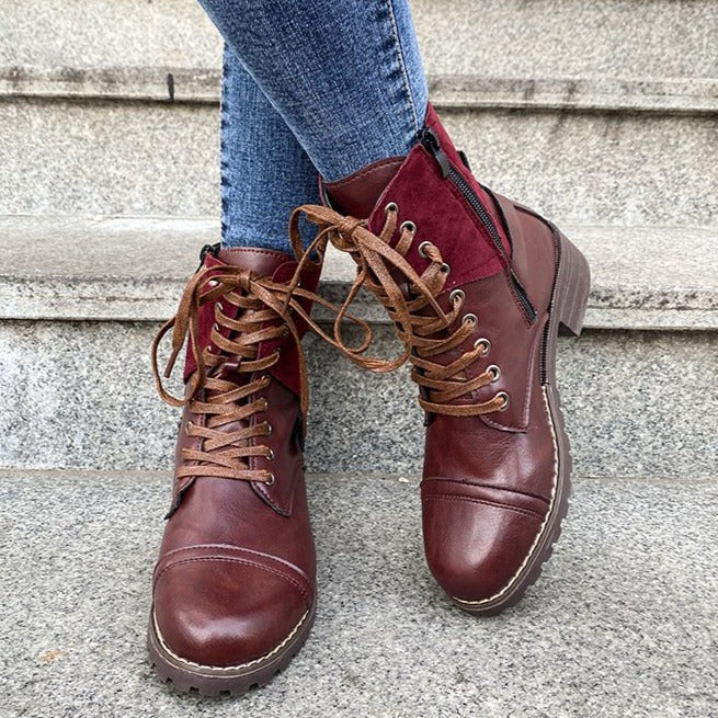 Women's vintage zipper combat boots buckle strap front lace booties