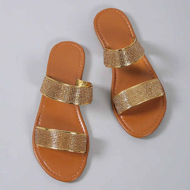 Rhinestone shining 2 bands summer slippers women's backless slides sandals