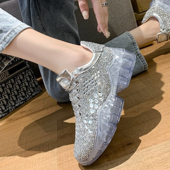 Women's rhinestone sequins transparent platform heeled sneakers