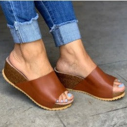 Women's peep toe backless wedge heels slippers summer casual slip on slide sandals