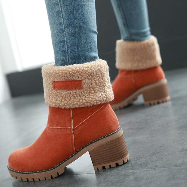 Women's block heels snow booties plush lined warm ankle boots