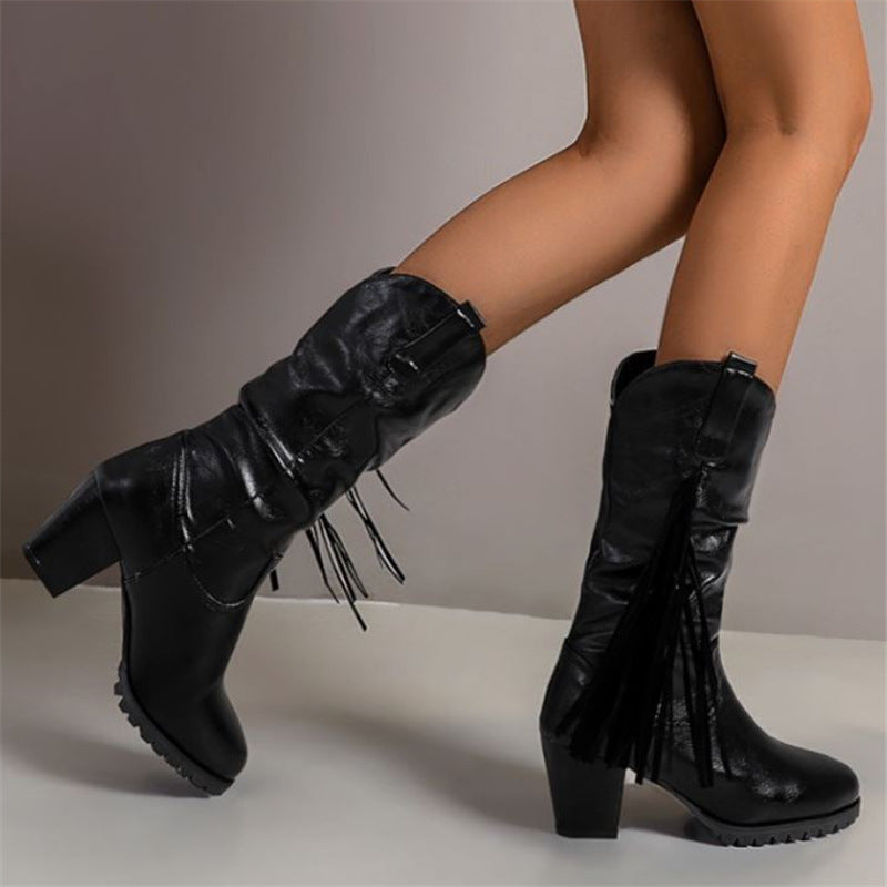 Women's mid calf fringe boots chunky block heel boots