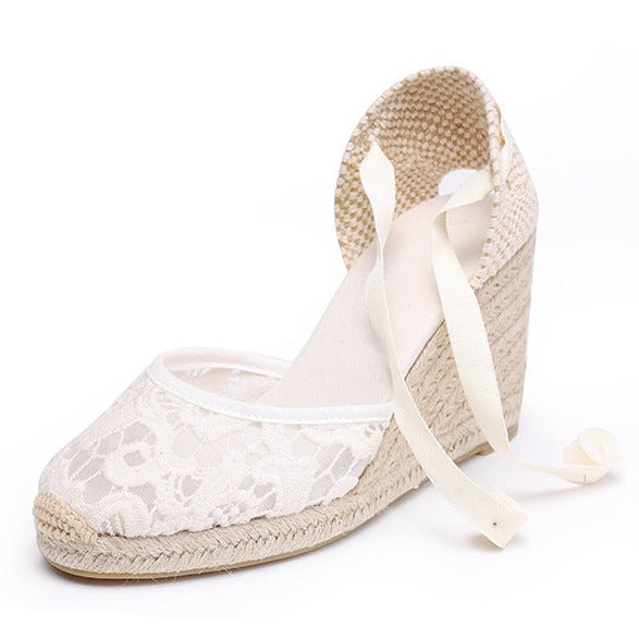 Women's floral lace closed toe espadrille wedge heel ankle tie-up sandals