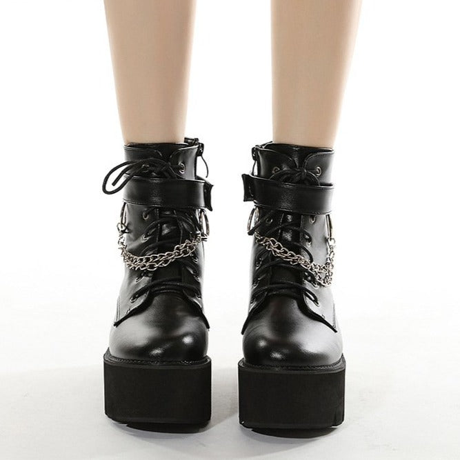 Women's black thick platform metal decor punk booties buckle strap zipper boots