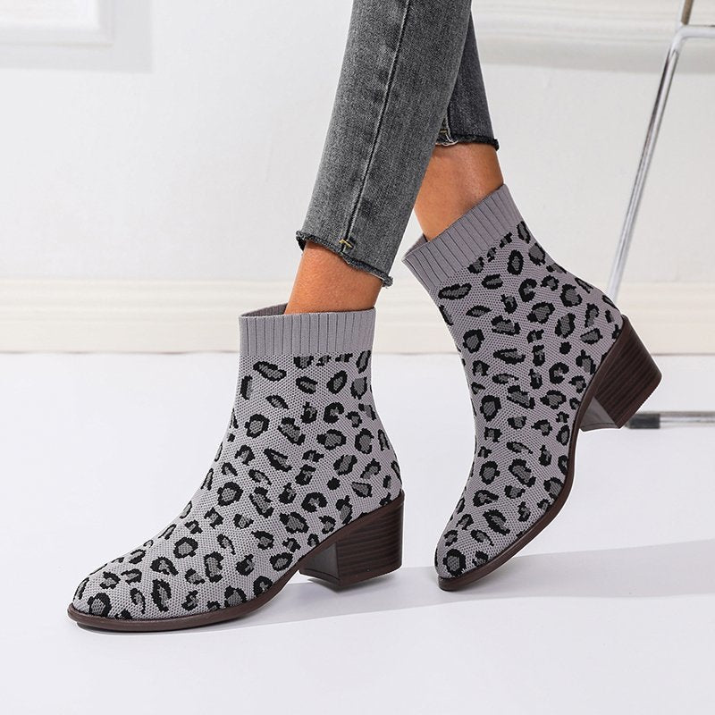 Women's knitted square heel ankle boots leopard print pointed toe booties