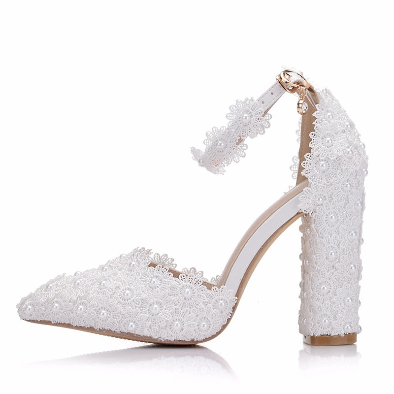 Women's white lace ankle strap chunky high heels wedding shoes