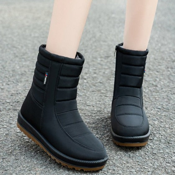 Women's thick warm lining mid calf waterproof anti-slip low heel snow boots
