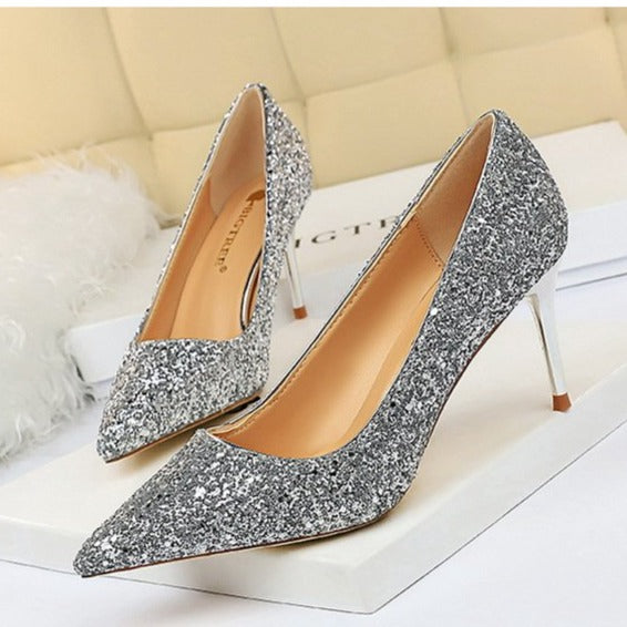 Women's Closed Toe Stiletto High Heels Shoes with Rhinestones