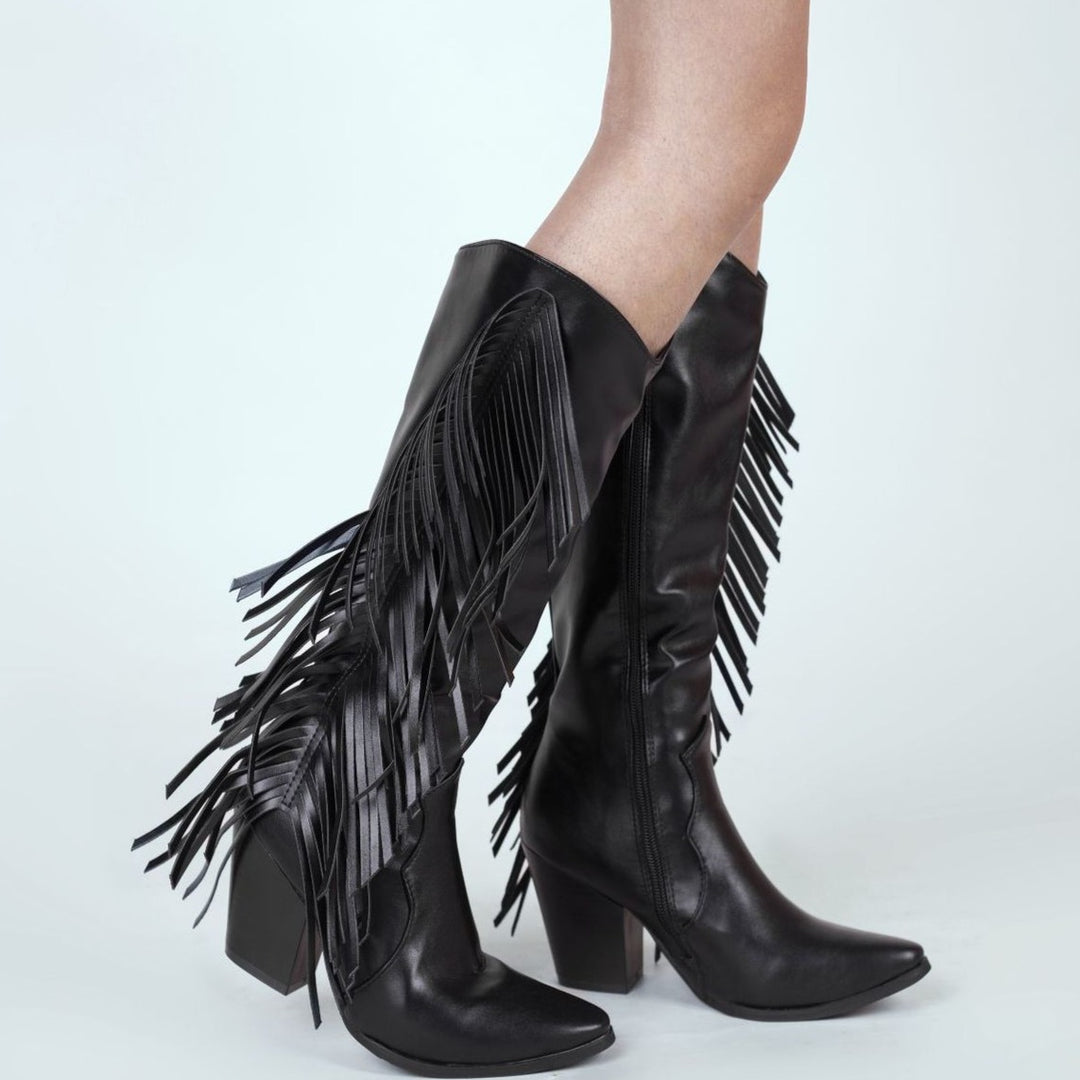 Women's fashion tassels mid calf boots pointed toe fringe boots