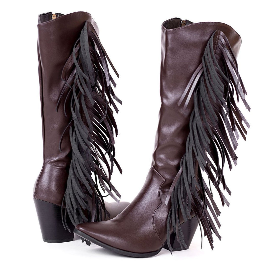 Women's fashion tassels mid calf boots pointed toe fringe boots