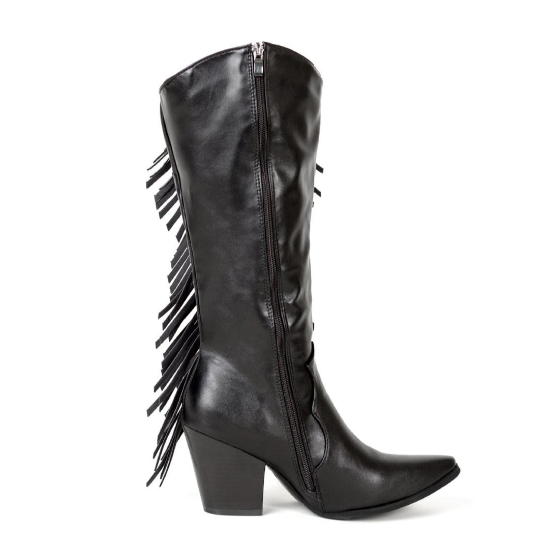 Women's fashion tassels mid calf boots pointed toe fringe boots