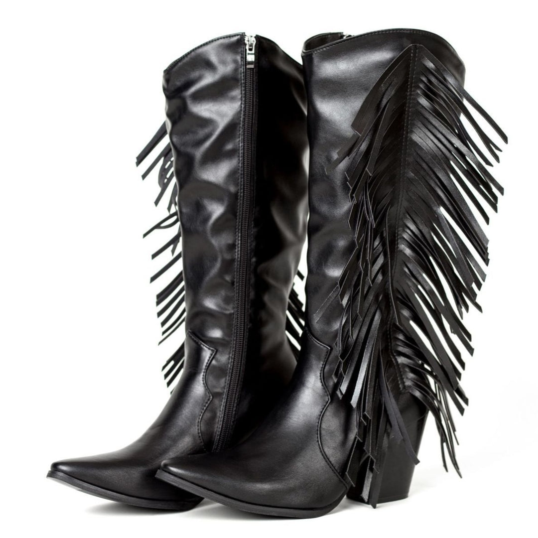 Women's fashion tassels mid calf boots pointed toe fringe boots