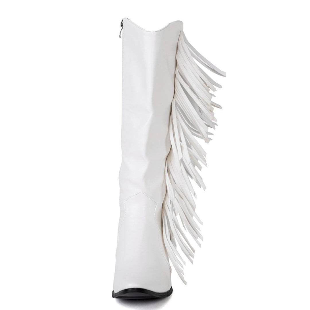 Women's fashion tassels mid calf boots pointed toe fringe boots