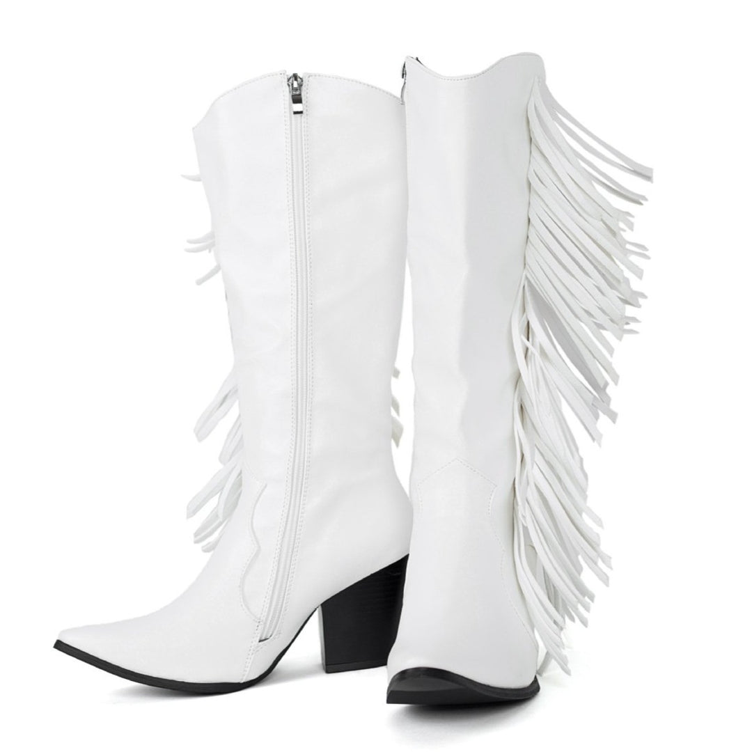 Women's fashion tassels mid calf boots pointed toe fringe boots