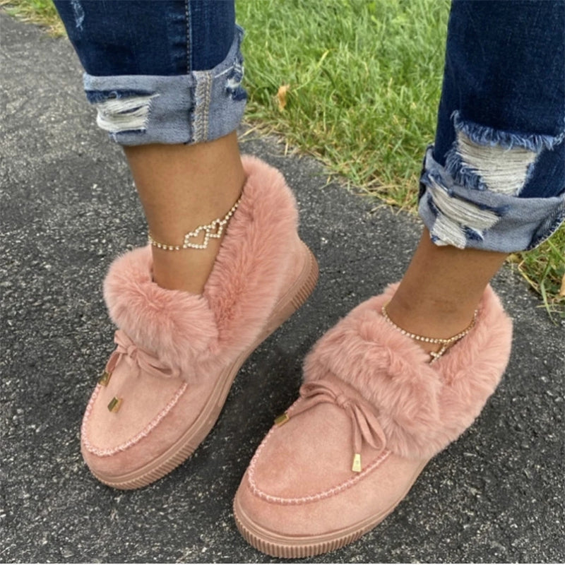 Women's flat warm lining snow booties cute bowknot furry ankle boots