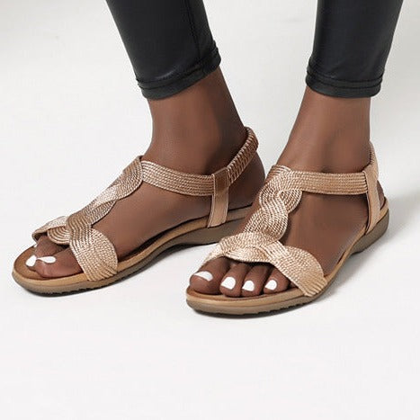 Women's boho flat T-strap beach sandals straw braided sandals