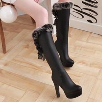 Winter sexy fuzzy cuff chunky high heeled knee high boots