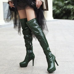 Women sexy snakeskin PU patent leather stiletto heeled thigh high boots