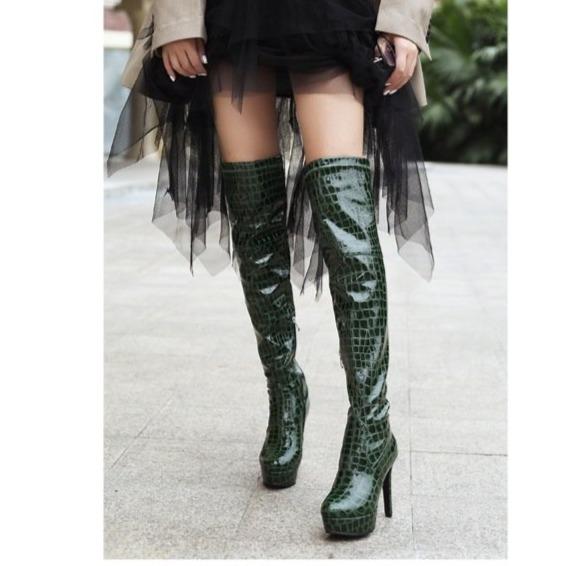 Women sexy snakeskin PU patent leather stiletto heeled thigh high boots