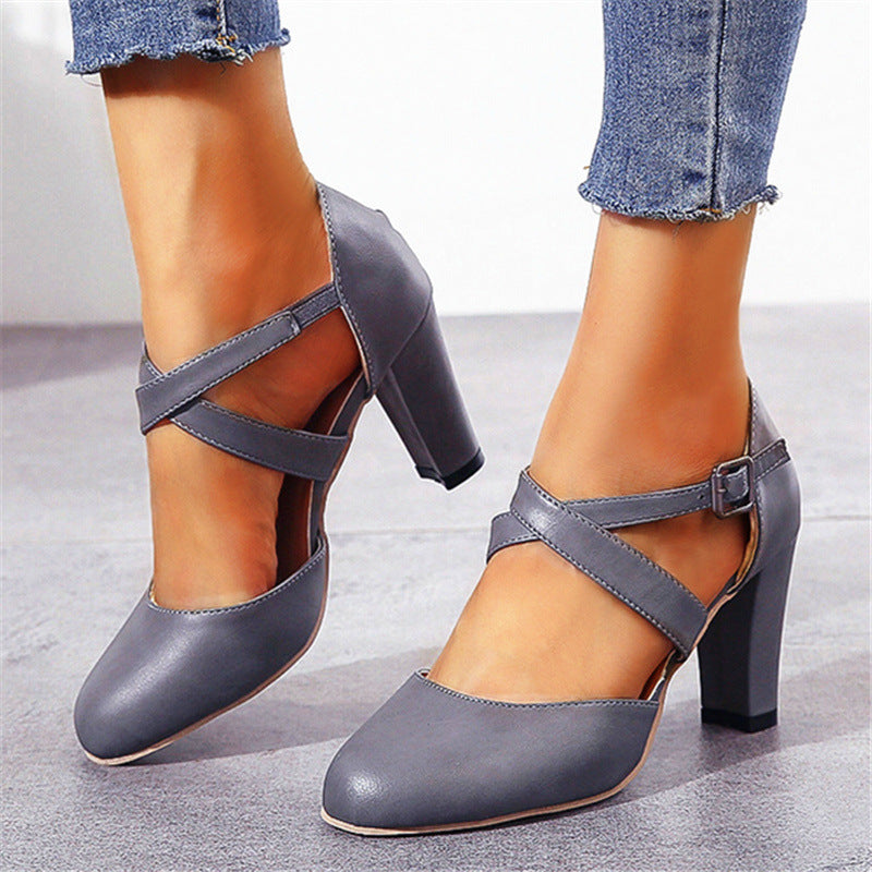 Women's round toe ankle criss cross strap chunky pumps summer cloded toe chunky high heels