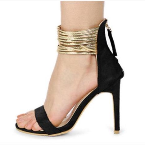 Women'e peep toe golden metal ankle straps stiletto sandals with back zipper