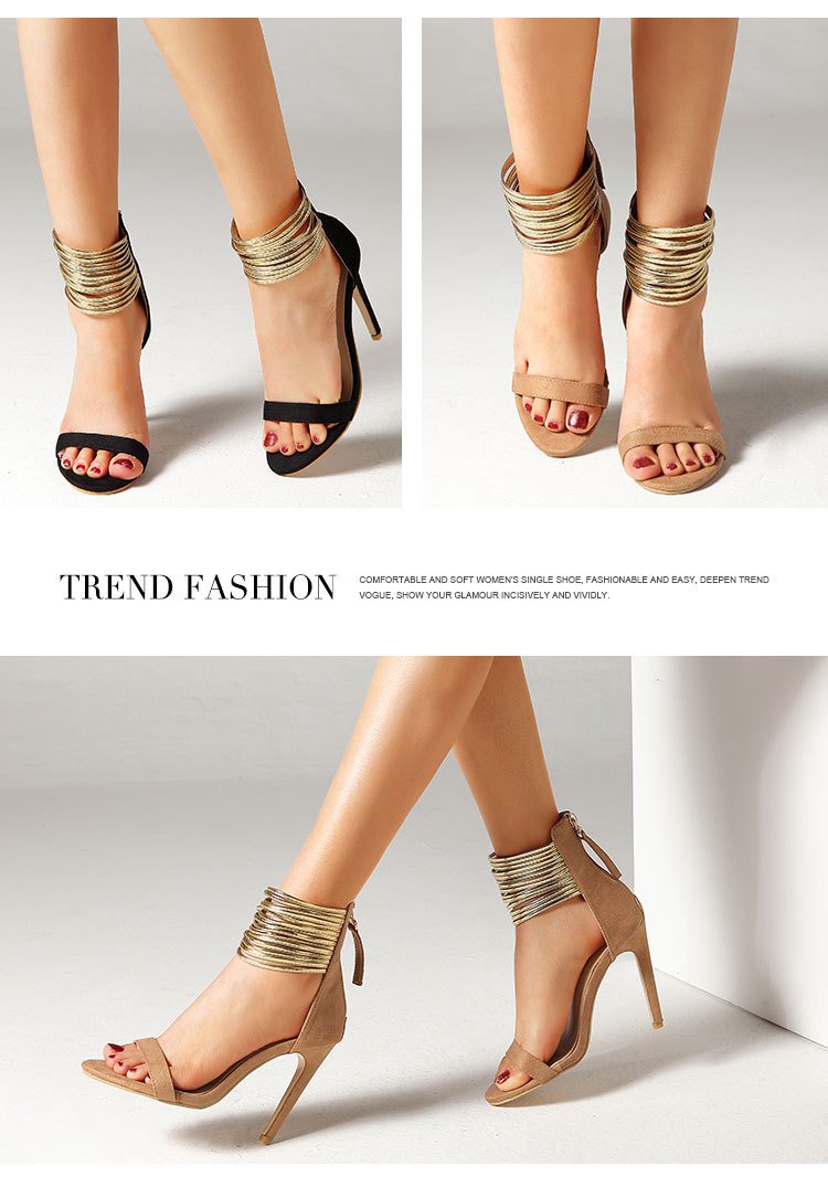 Women'e peep toe golden metal ankle straps stiletto sandals with back zipper