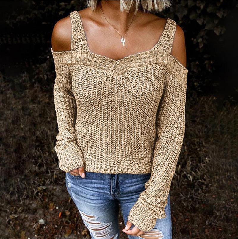 Women sexy cold shouler long sleeves knitted sweater