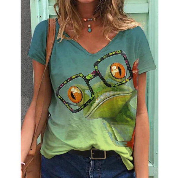 Women's cute frog print t-shirts tops v-neck