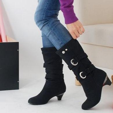 Women buckle straps warm plush lining mid calf chunky low heel boots