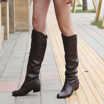 Women chunky low heel knee high slouch boots