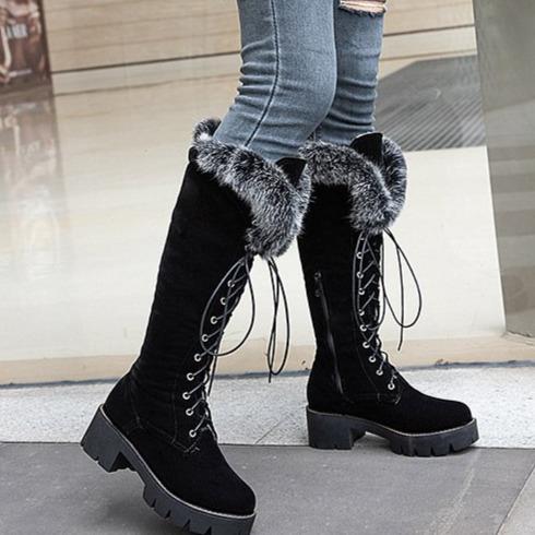 Winter warm lining fuzzy cuff front-lace chunky low heel knee high snow boots