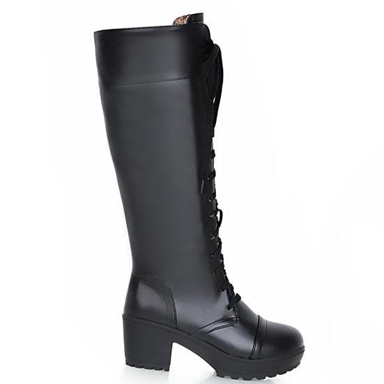 Women retro front-lace chunky block heel knee high riding boots