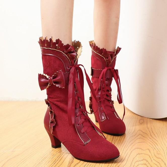 Women cute bowknot lace cuff front-lace mid calf dress boots