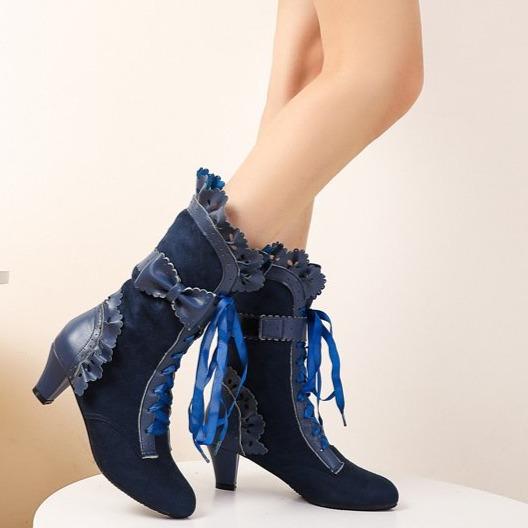 Women cute bowknot lace cuff front-lace mid calf dress boots