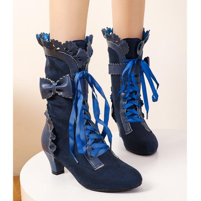 Women cute bowknot lace cuff front-lace mid calf dress boots