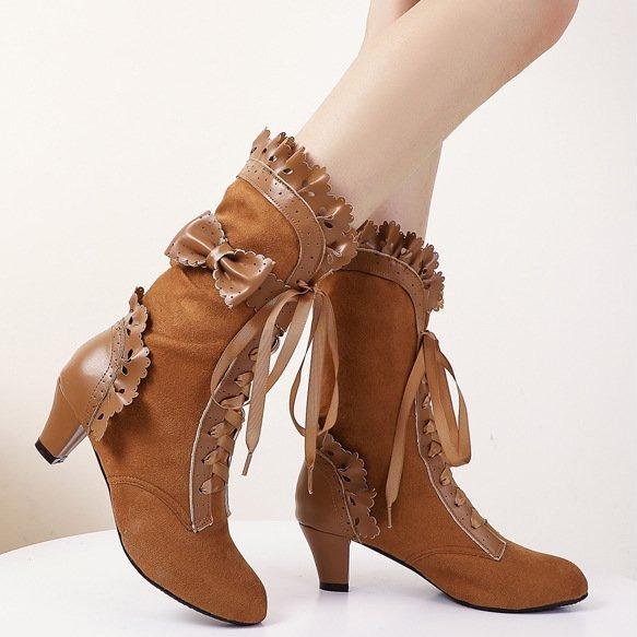 Women cute bowknot lace cuff front-lace mid calf dress boots