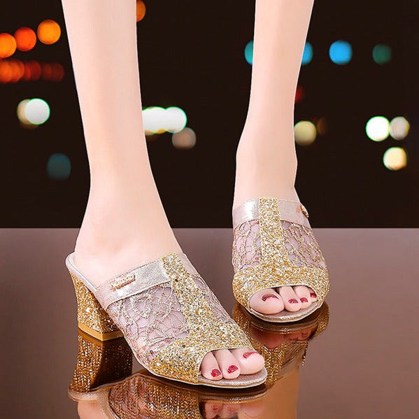 Women's rhinestone block heels slides Peep toe mules Gold silver glitter sandals