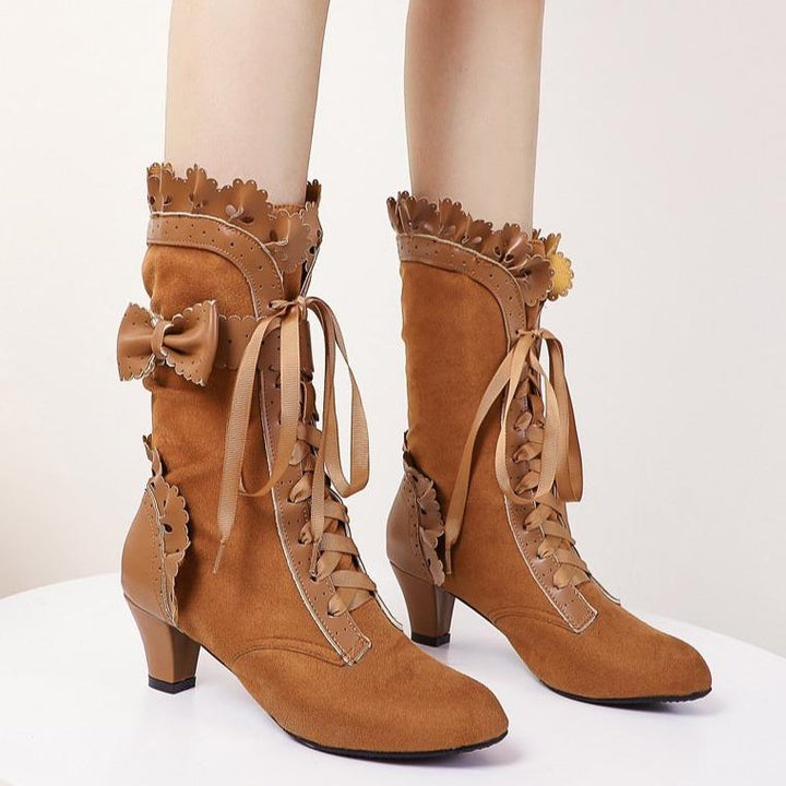 Women cute bowknot lace cuff front-lace mid calf dress boots