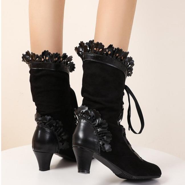 Women cute bowknot lace cuff front-lace mid calf dress boots