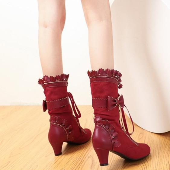 Women cute bowknot lace cuff front-lace mid calf dress boots