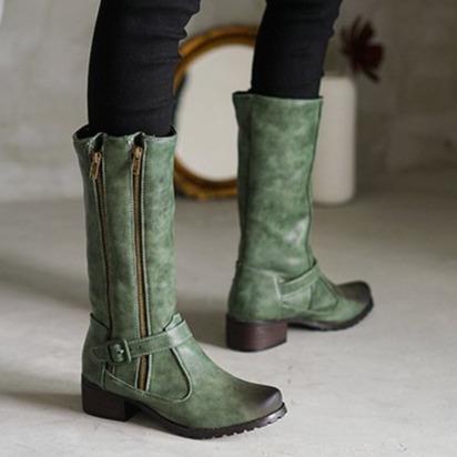 Women retro buckle strap chunky medium heel mid calf motrocycle boots