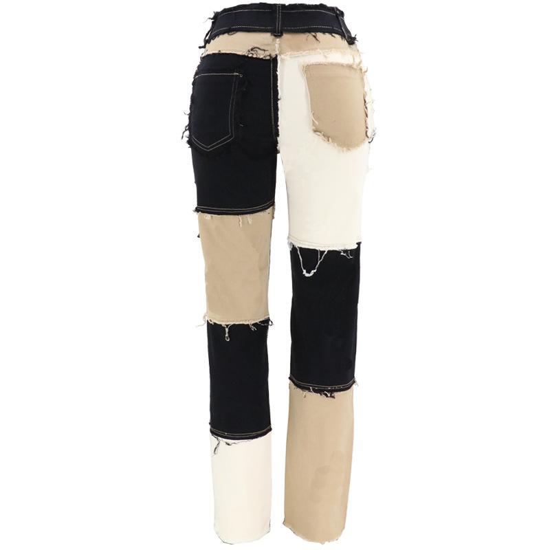 Women's mid rise fashion colorblock jeans straight leg distressed jeans