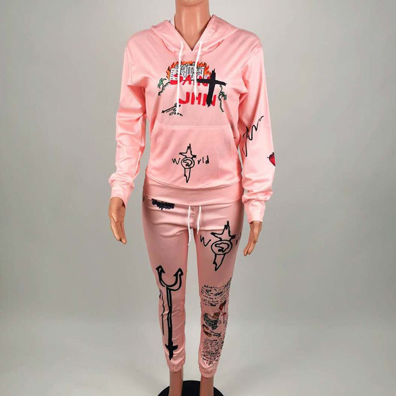Women's graffiti print streetwear hoodie & sweatpants 2 pieces fall winter sweatsuits activewear
