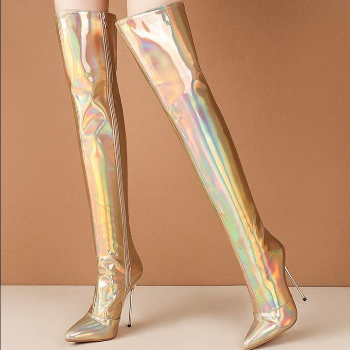 Women's sexy shining metal mirror stiletto thigh high boots for party & nightclub